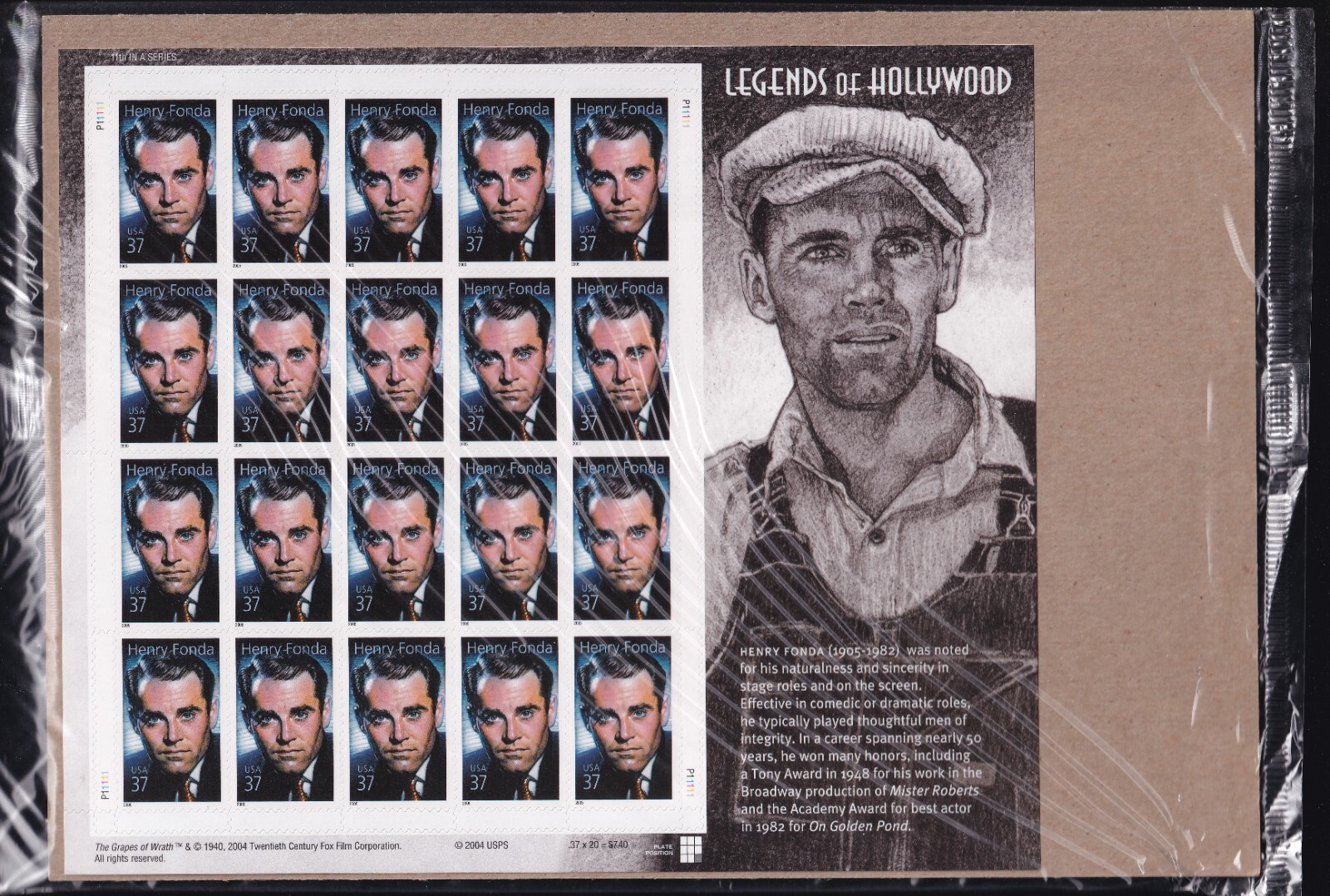 Scott #3911 Henry Fonda (Legends of Hollywood) Sheet of 20 Stamps - Sealed Brown