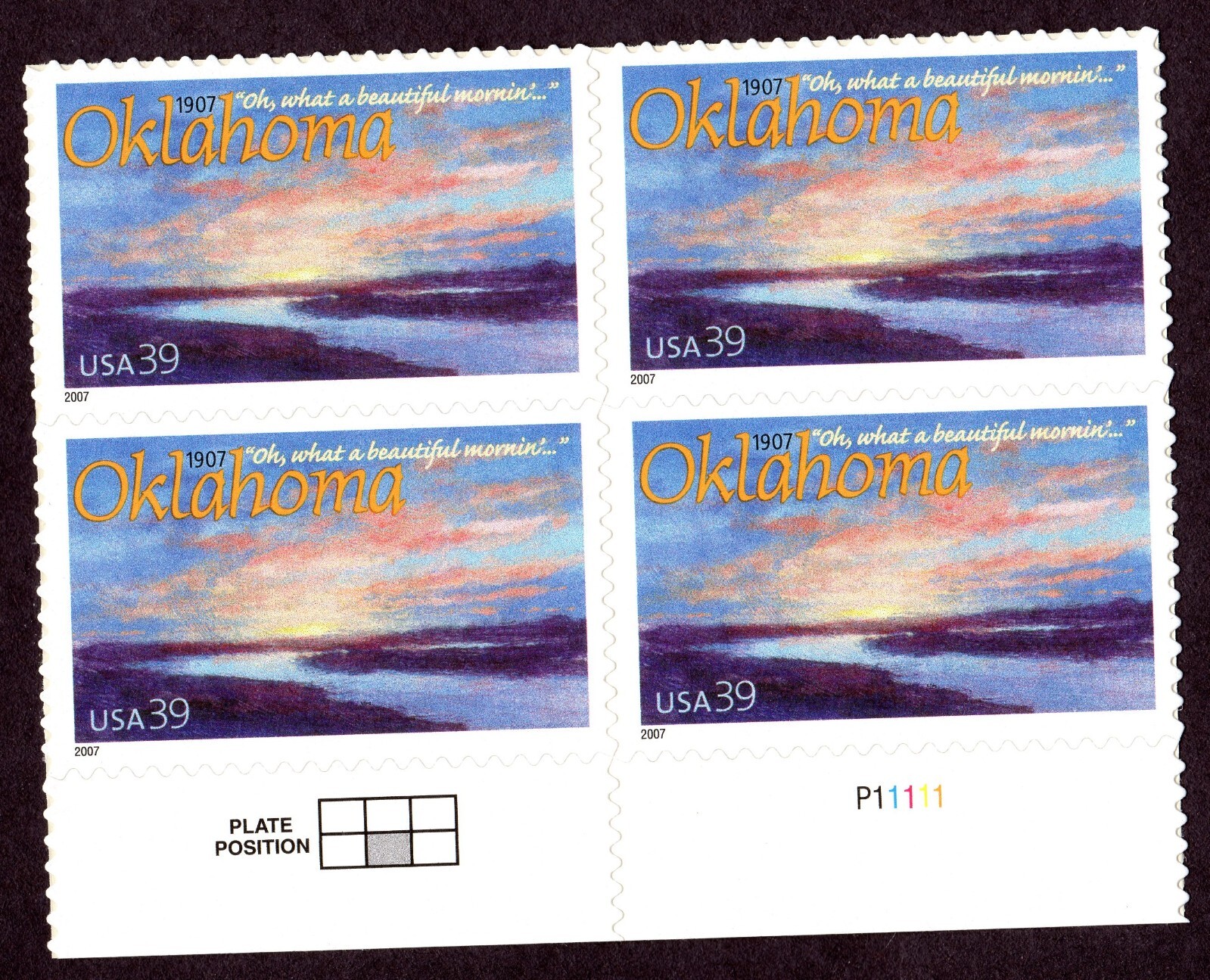 Scott #4121 — 39¢ Oklahoma "not Arizona" Plate Block of 4 Stamps - MNH Bottom