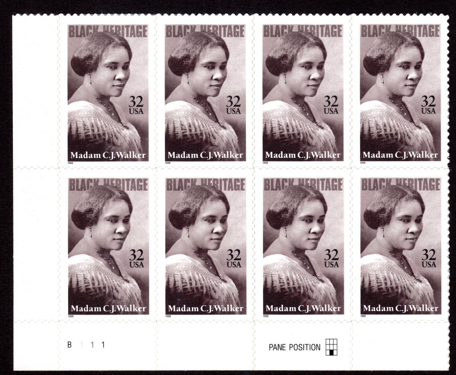 Scott #3181 Madam C. J. Walker (Black Heritage) Plate Block of 8 Stamps - MNH