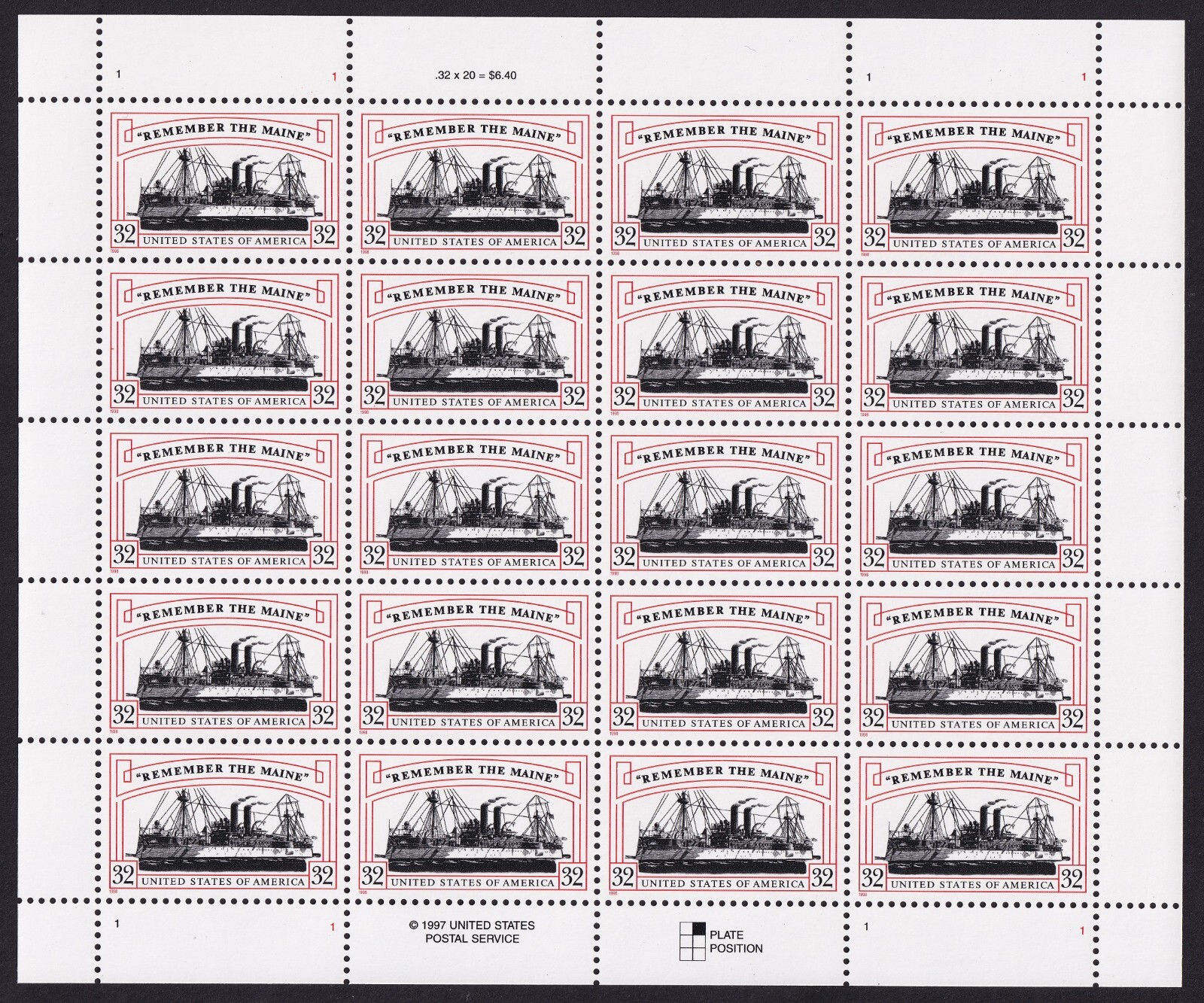 Scott #3192 Remember the Maine (Spanish War) Full Sheet of 20 Stamps - MNH