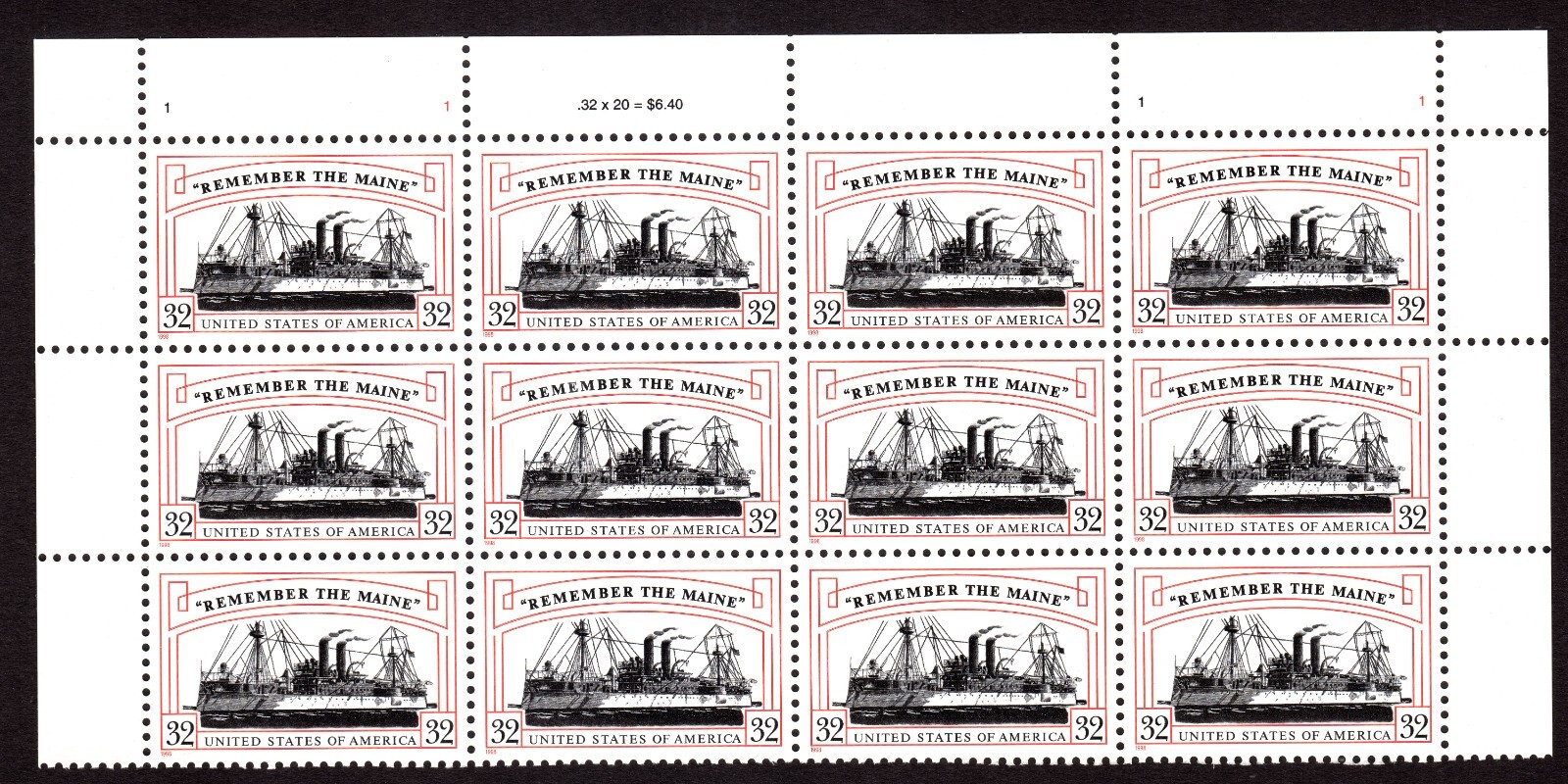 Scott #3192 Remember the Maine (Spanish War) Plate Block of 12 Stamps - MNH