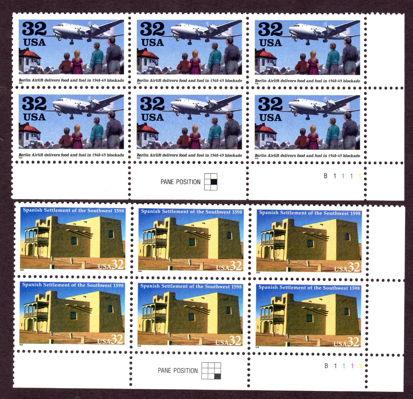 Scott #3211-3220 Berlin Airlift Spanish Settlement Plate Block of 6 Stamps - MNH