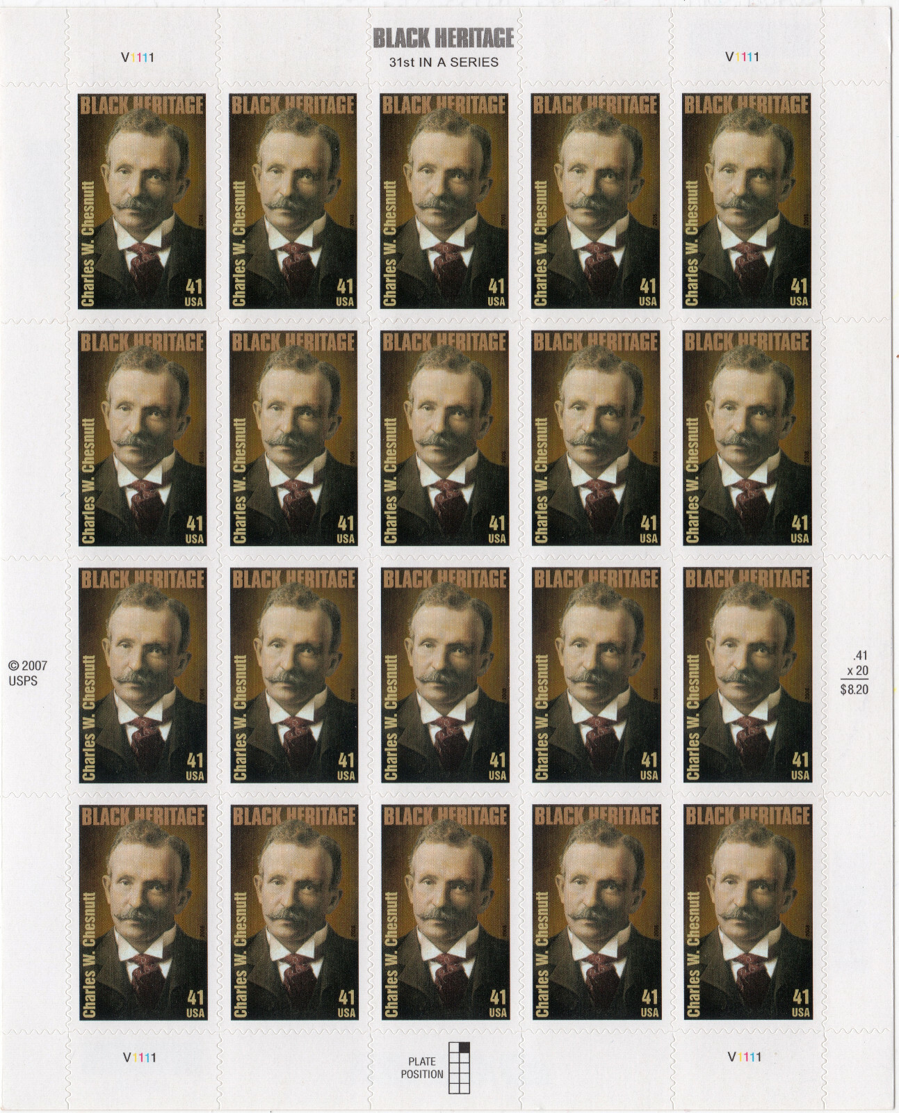 Scott #4222 Charles Chesnutt (Black Heritage) Full Sheet of 20 Stamps - MNH