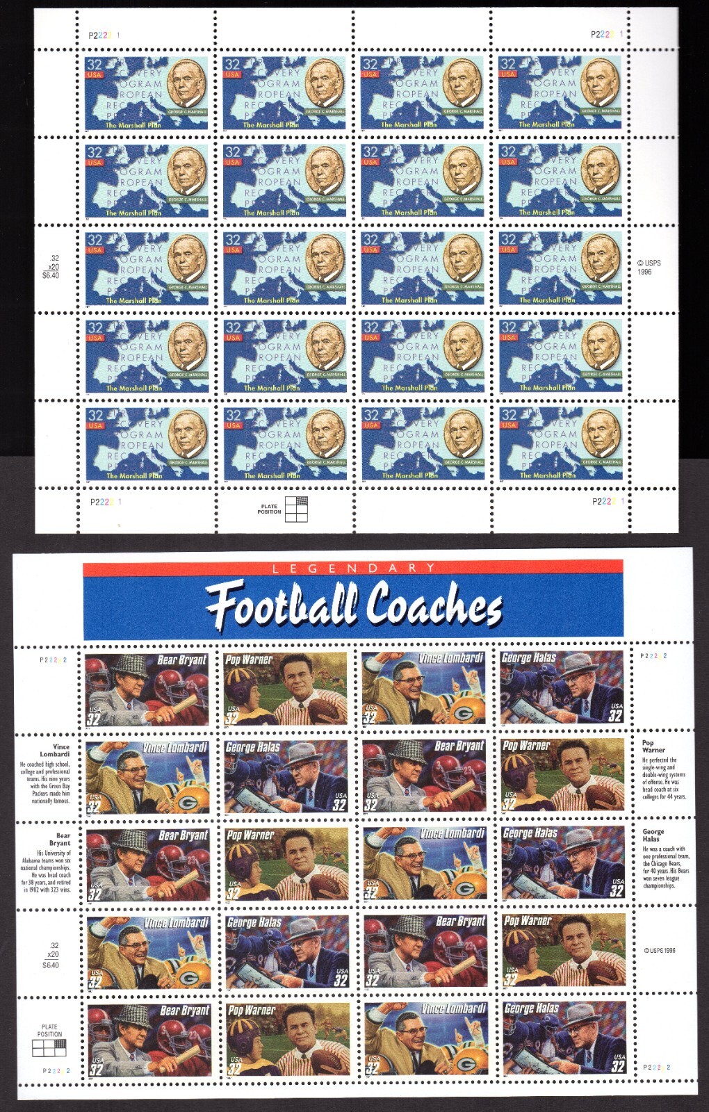 Scott #3141-3146a Marshall Plan Football Coaches Sheet of 20 Stamps - MNH