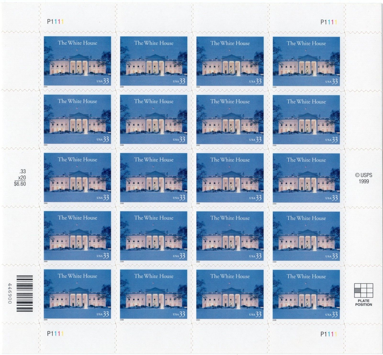 Scott #3445 White House in Winter Sheet of 20 Stamps - MNH