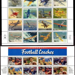 Scott #3142-3146a Classic Aircraft Football Coaches Sheet of 20 Stamps - MNH