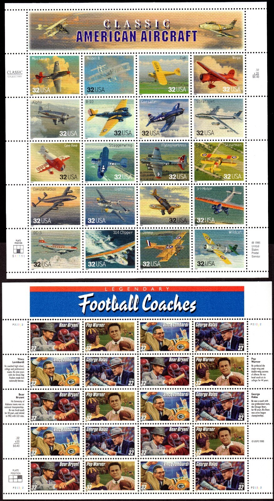 Scott #3142-3146a Classic Aircraft Football Coaches Sheet of 20 Stamps - MNH