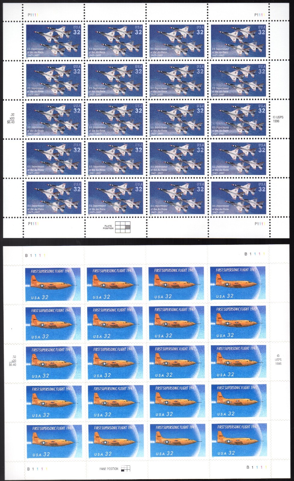 Scott #3167-3173 Air Force Thunderbirds Supersonic Jet Sheet of 20 Stamps - MNH