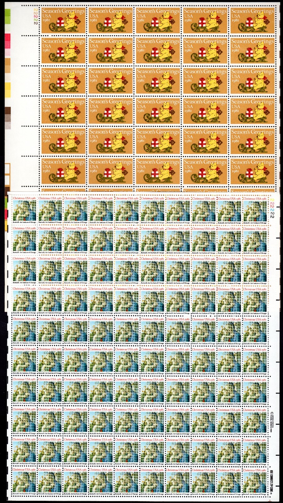 Scott #1939-1940 Teddy Bear Sled Madonna Sheet of 50 & 100 Stamps - MNH
