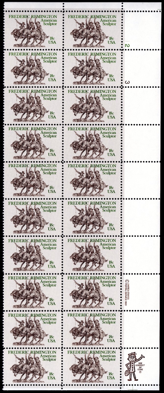 Scott #1934 Frederic Remington Plate Block of 20 Stamps - MNH