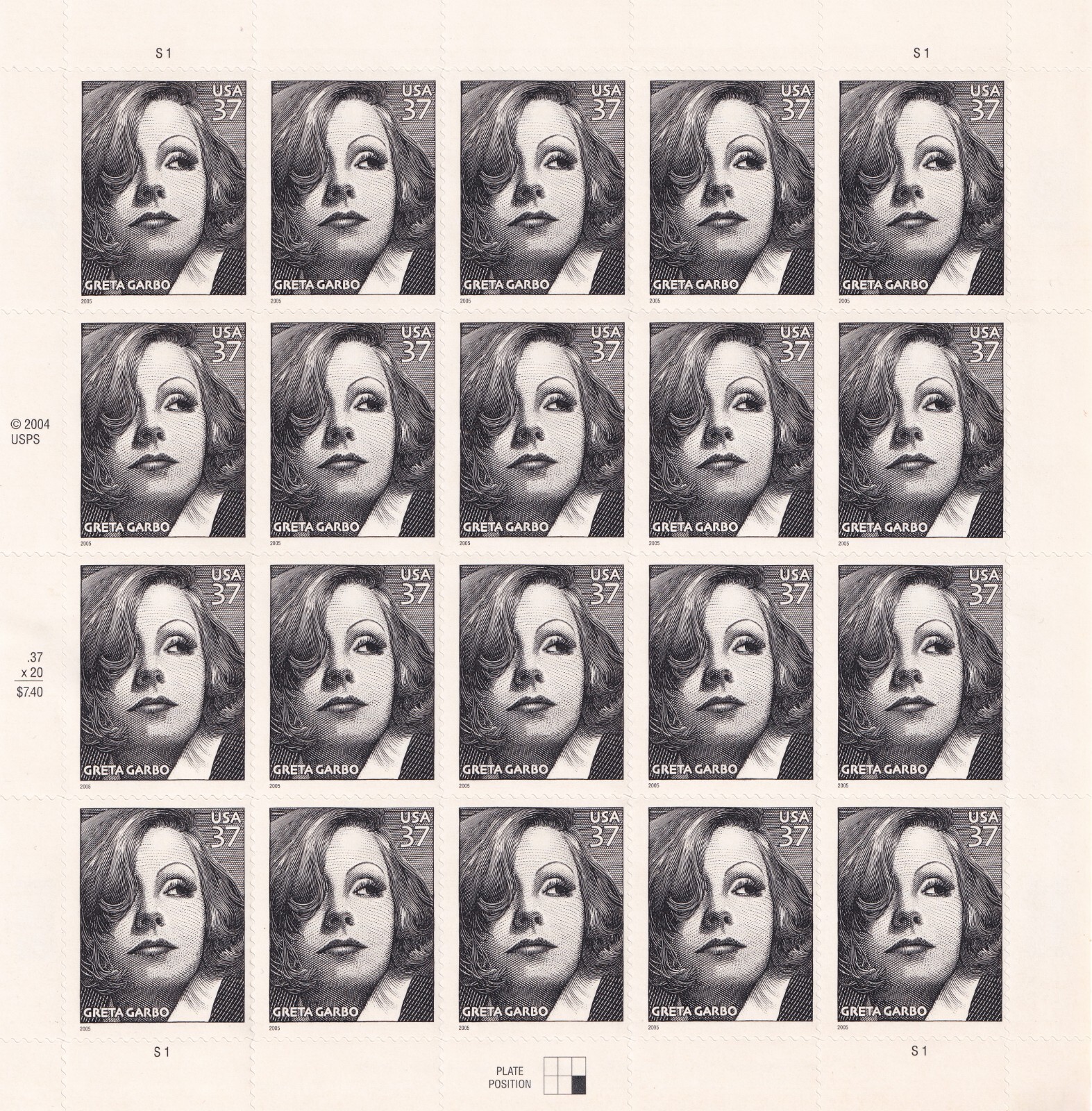 Scott #3943 Greta Garbo Sheet of 20 Stamps - MNH