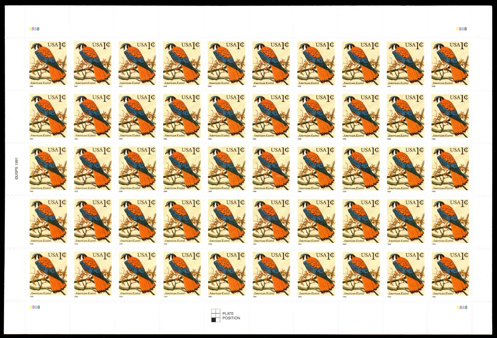 Scott #3031 1999 American Kestrel (Black Date) Sheet of 50 Stamps - MNH P#8888