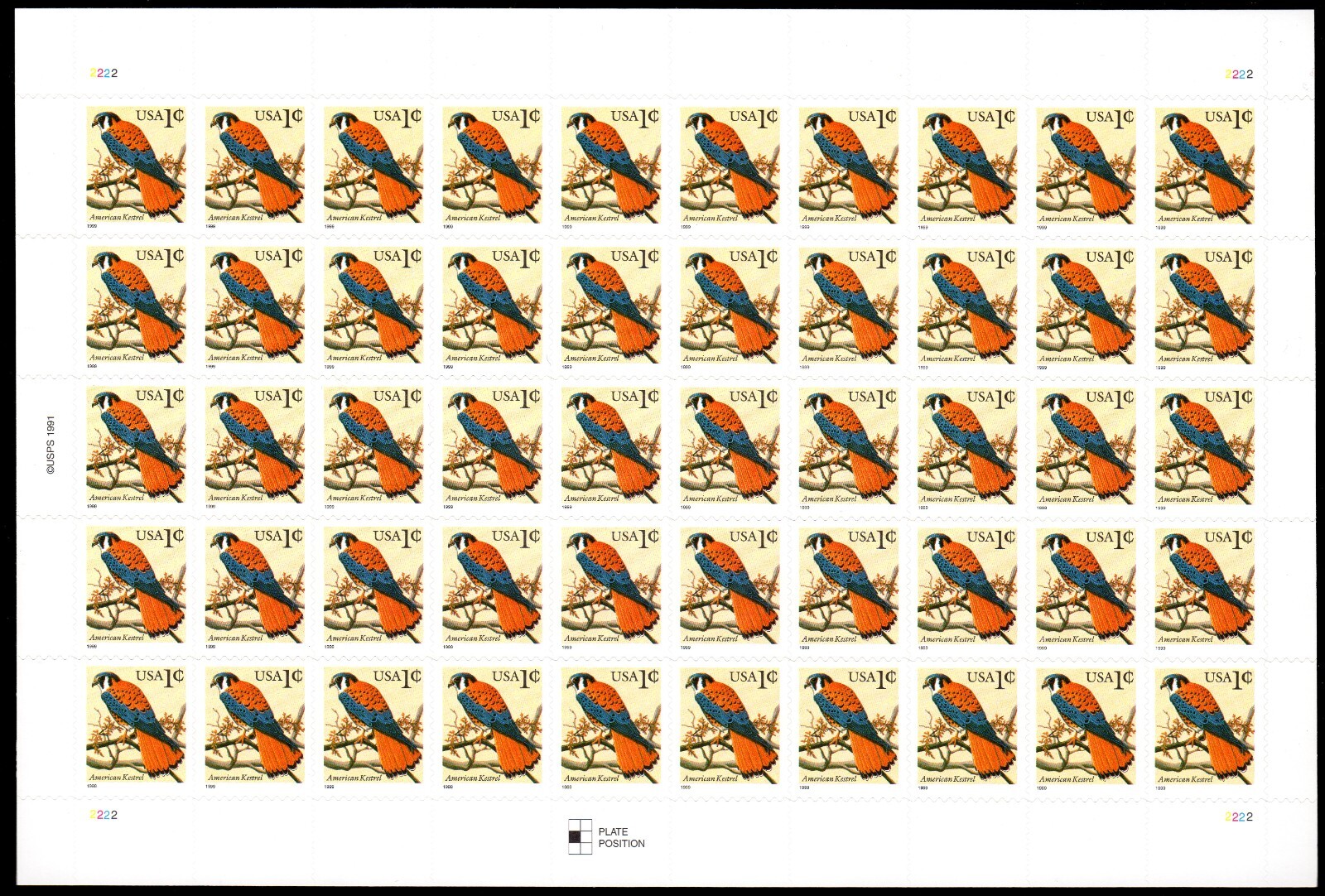 Scott #3031 1999 American Kestrel (Black Date) Sheet of 50 Stamps - MNH P#2222