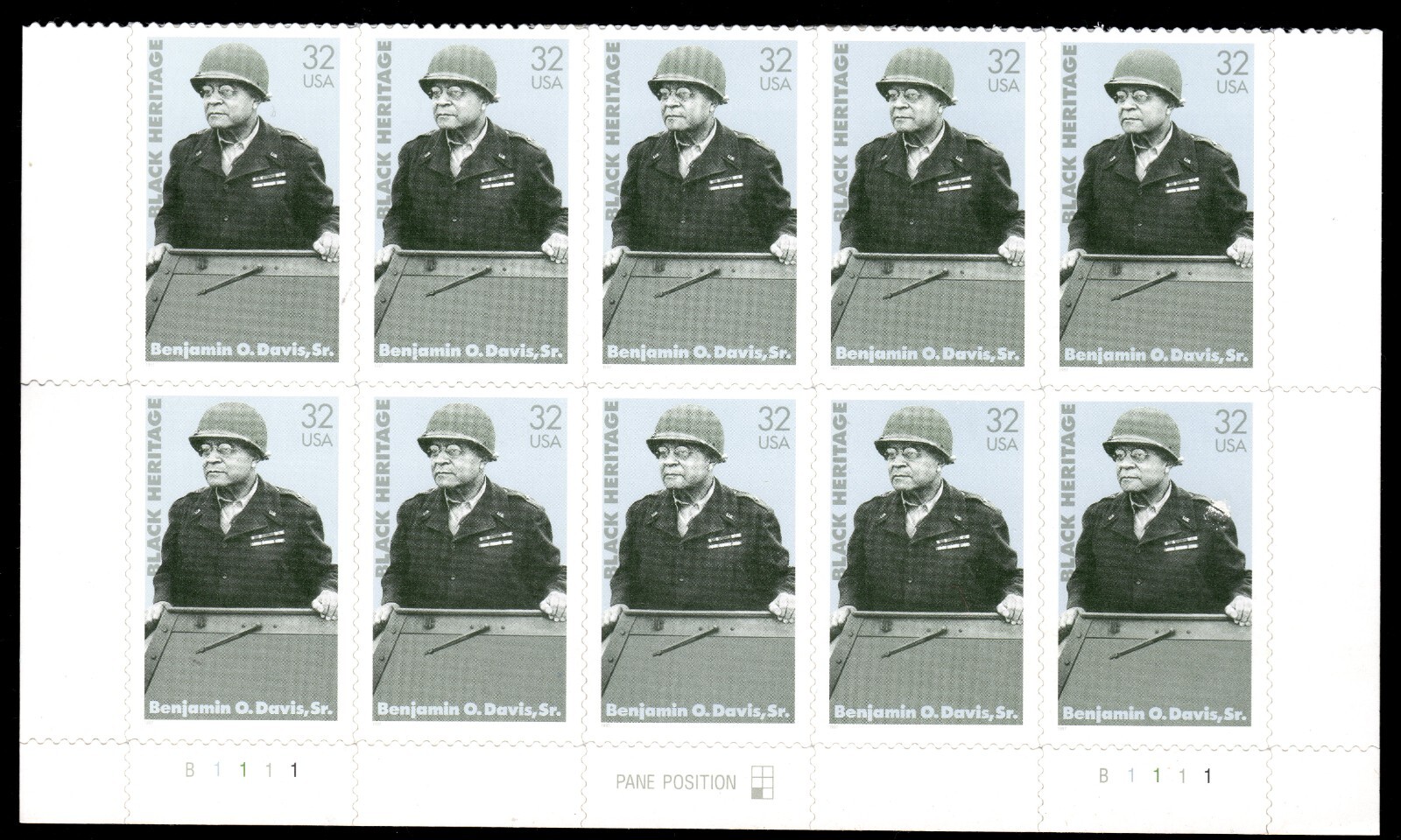 Scott #3121 General Benjamin O. Davis Plate Block of 10 Stamps - MNH Bottom