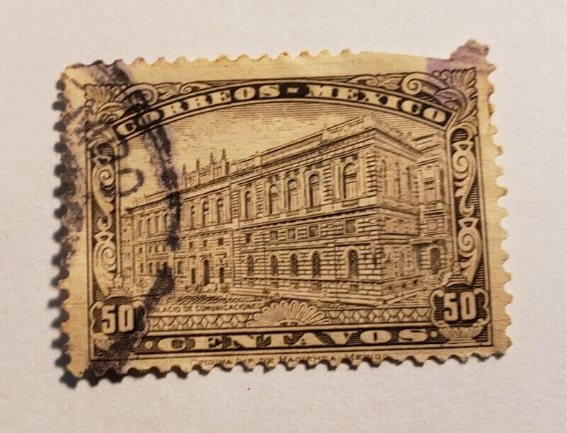 Stamp Latin America Mexico 1923 A87 Communications Building #648 50c olive brown