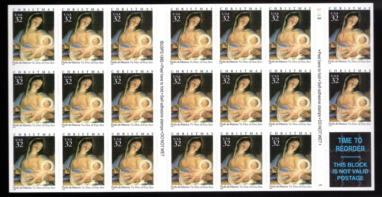 Scott #3112a MADONNA & CHILD (Matteis) Booklet of 20 Stamps - MNH P#3333-1