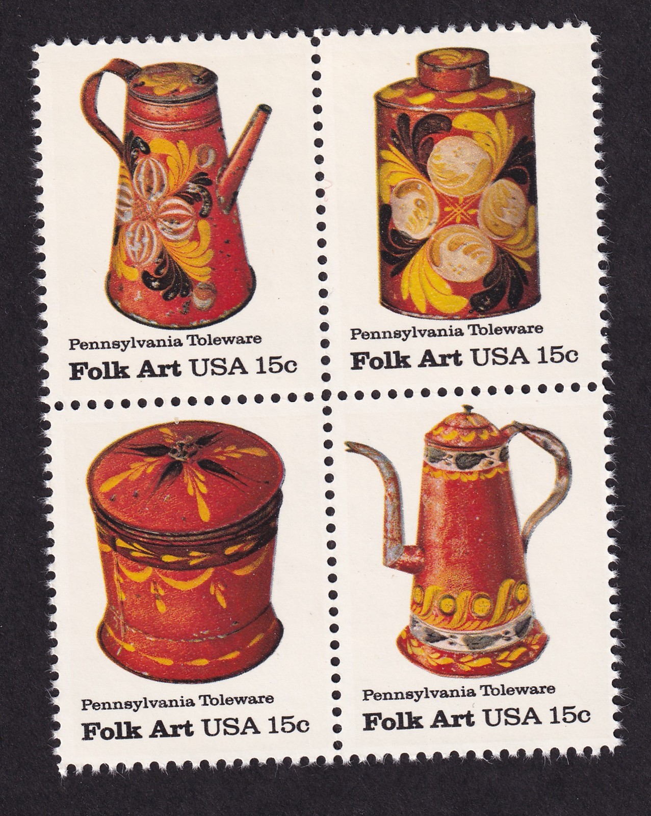 Scott #1778a Folk Art (Pennsylvania Toleware) Block of 4 Stamps - MNH