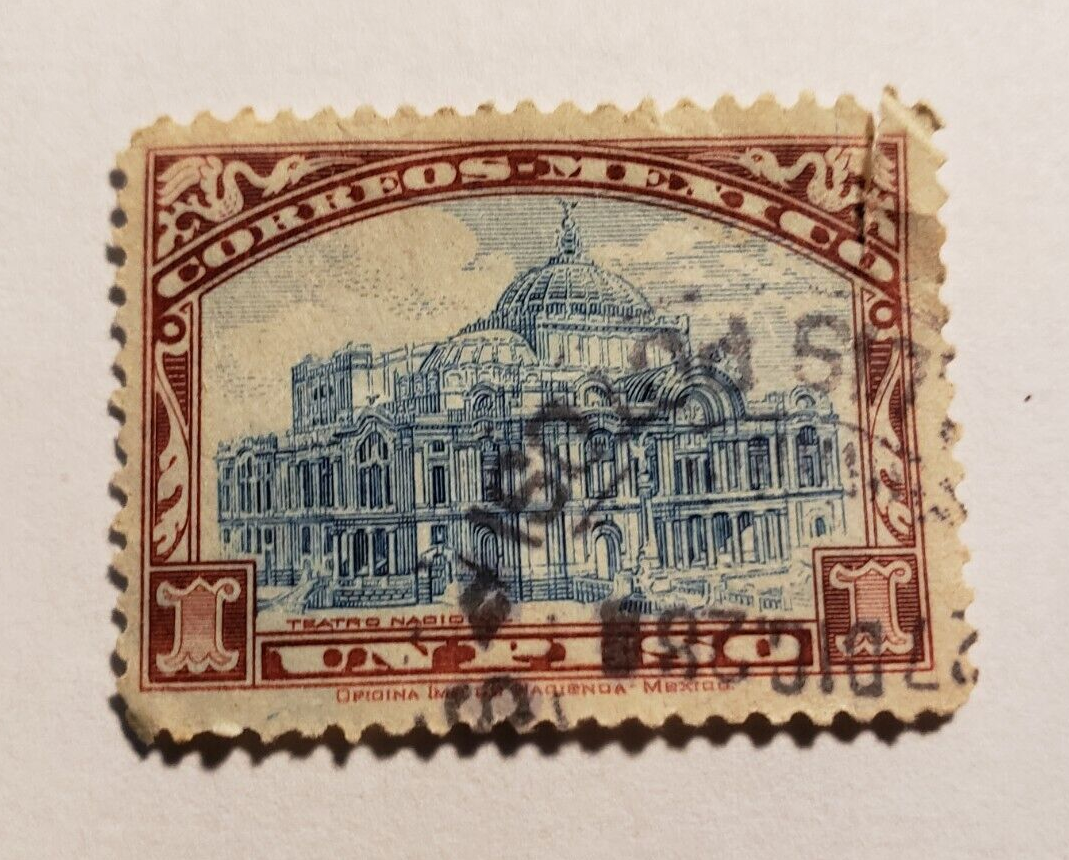 Stamp Latin America Mexico 1p 1923 Palace of Fine Arts A88 #649 red brown & blue