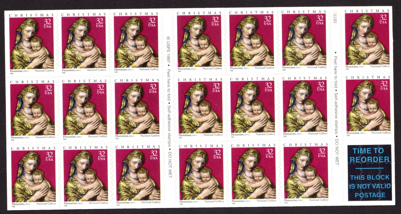 Scott #3244a MADONNA & CHILD (FLORENTINE) Booklet of 20 Stamps - MNH P#3333