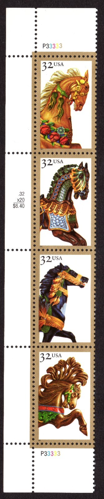 Scott #2979a (2976-2979) Carousel Horses Plate Strip of 4 Stamps - MNH Left