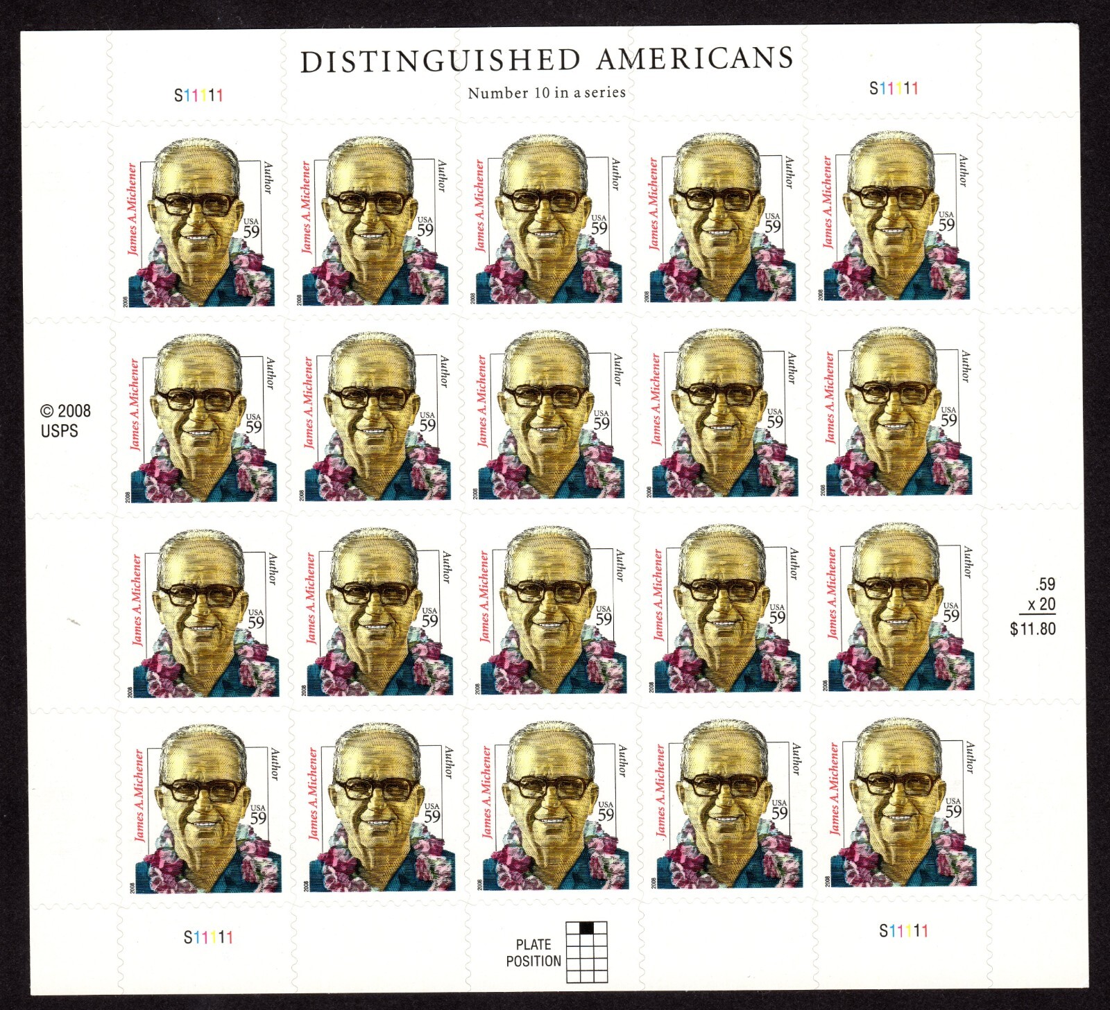 Scott #3427A James Michener Sheet of 20 Stamps - MNH Top Center