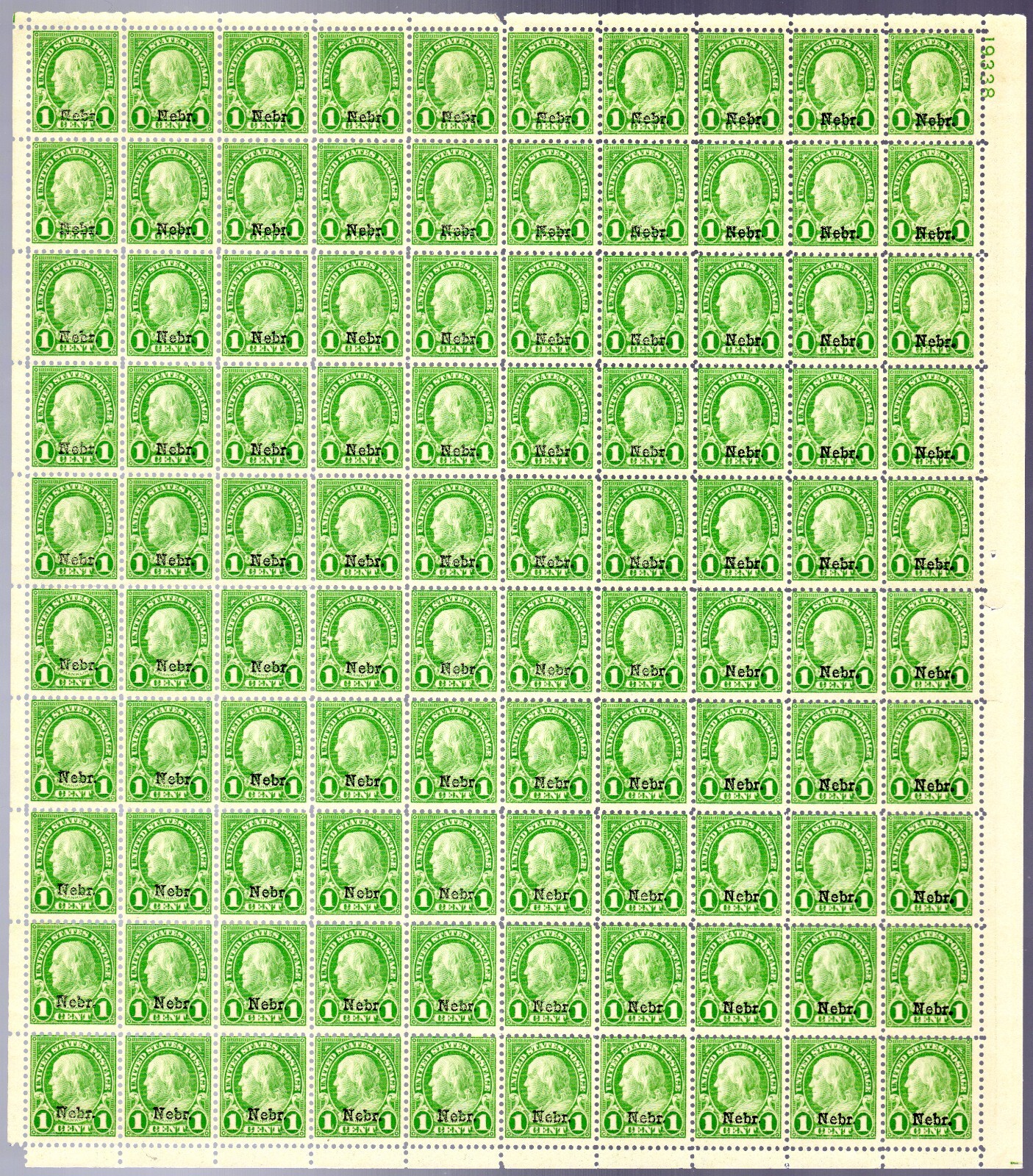 Scott #669 Benjamin Franklin Nebraska Overprint Sheet of 100 Stamps - MNH APEX