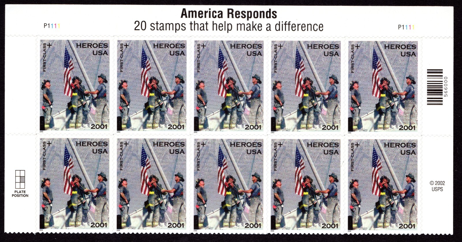 Scott #B2 America Responds Title Plate Block of 10 Stamps - MNH