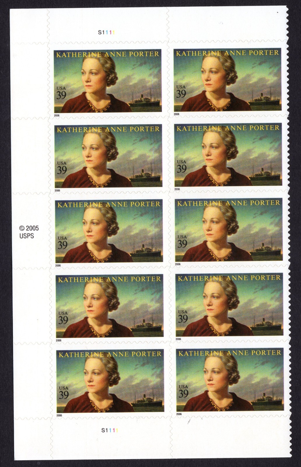 Scott #4030 Katherine Anne Porter Plate Block of 10 Stamps - MNH Left