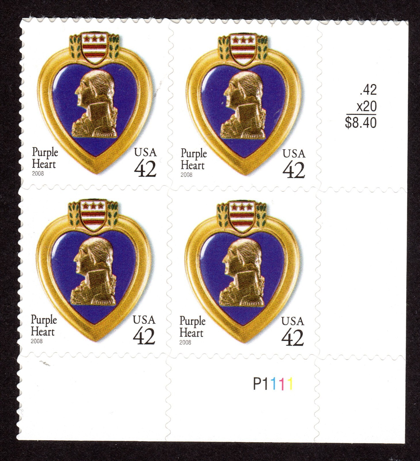 Scott #4264 Purple Heart Veterans Plate Block of 4 Stamps - MNH LR