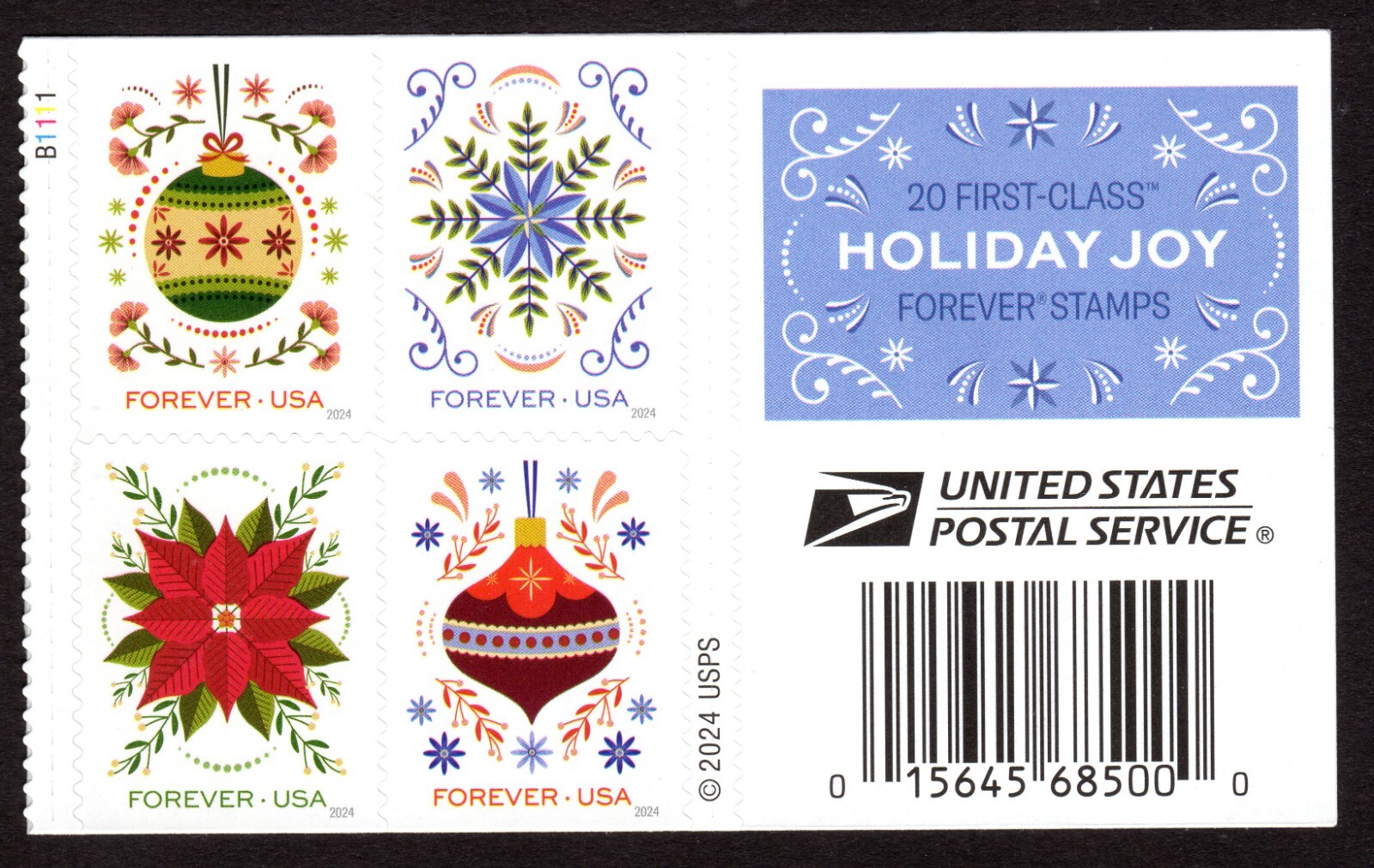 Scott #5944a (5941-44) Holiday Joy Ornaments Title Plate # Block of 4 Stamps MNH