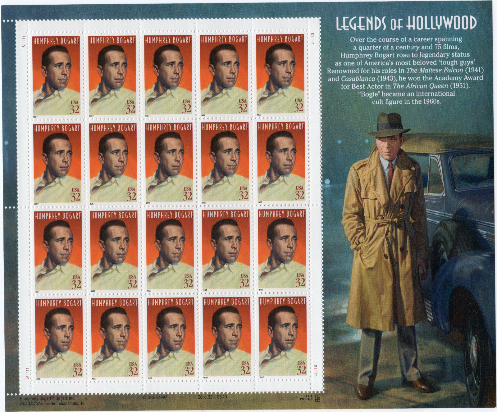 Scott #3152 Humphrey Bogart Sheet of 20 Stamps - MNH
