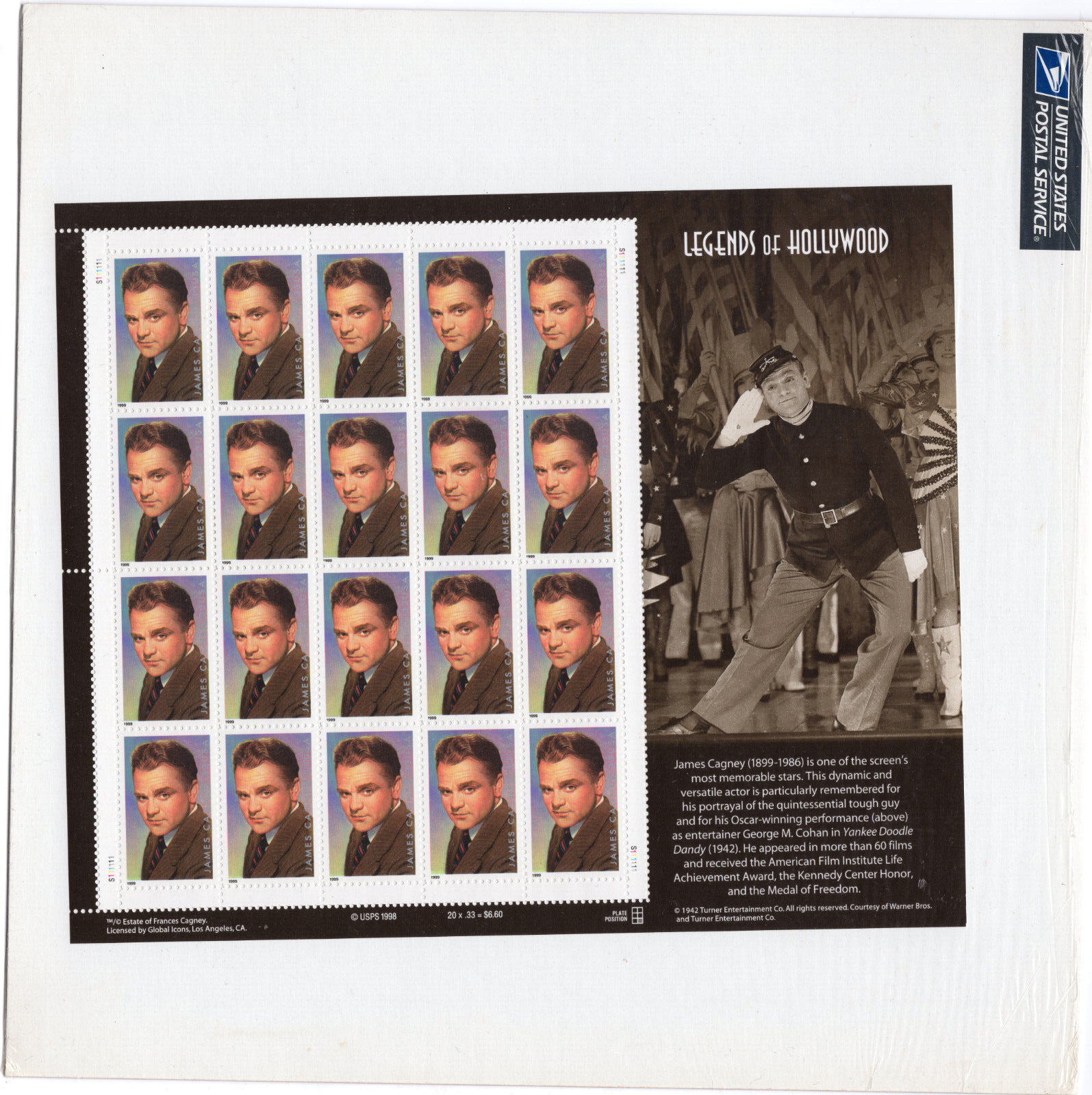 Scott #3329 Legends of Hollywood James Cagney Sheet of 20 Stamps - Sealed White