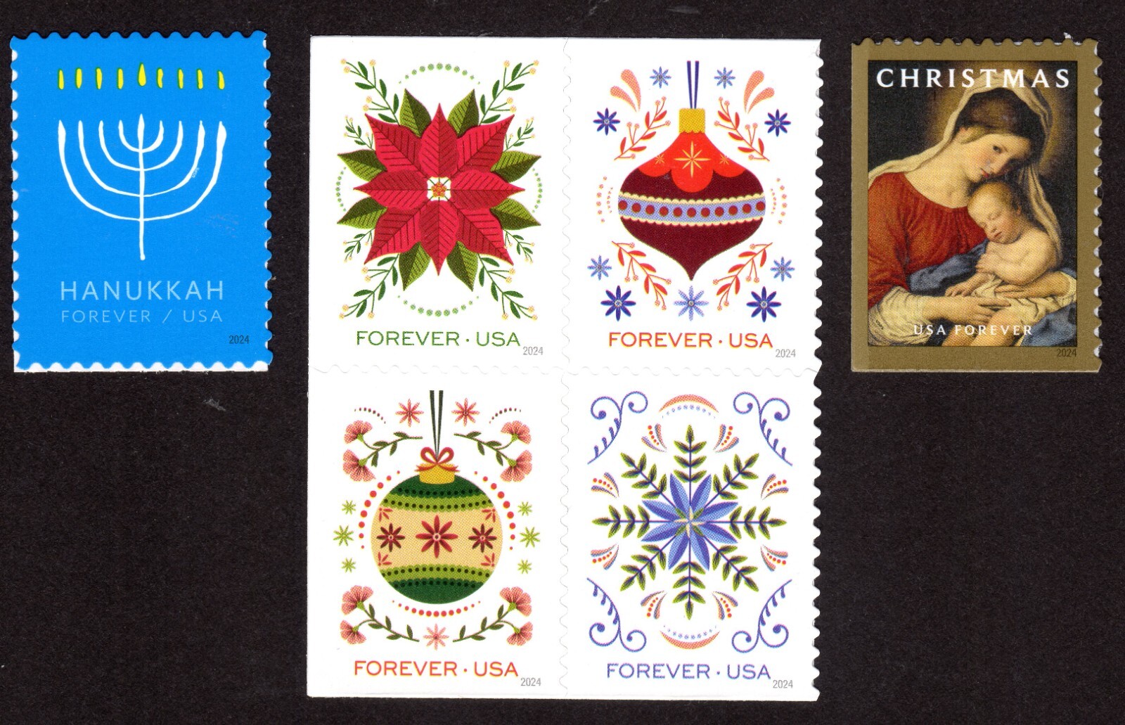 Scott #5940-5945 (5944a) Madonna Ornaments Hanukkah Single Stamps - MNH