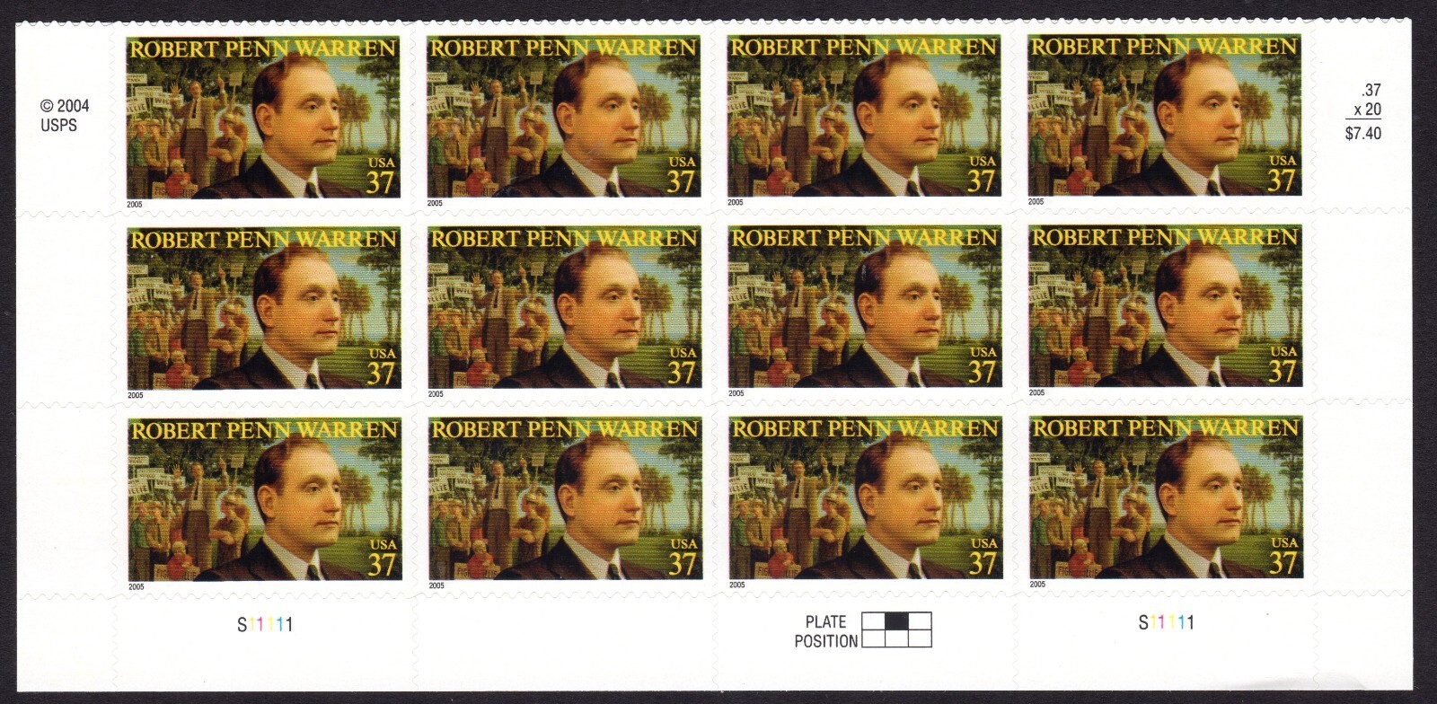 Scott #3904 Robert Penn Warren Plate Block of 12 Stamps - MNH Bottom