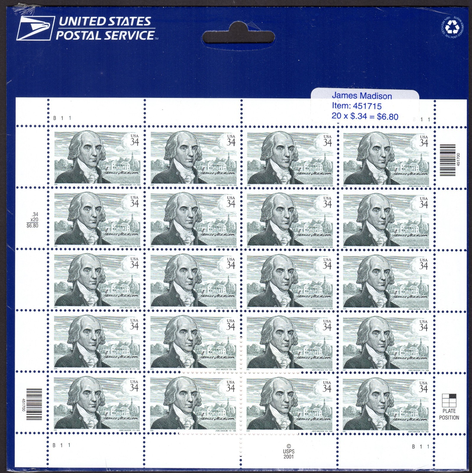 Scott #3545 James Madison Sheet of 20 Stamps - Sealed