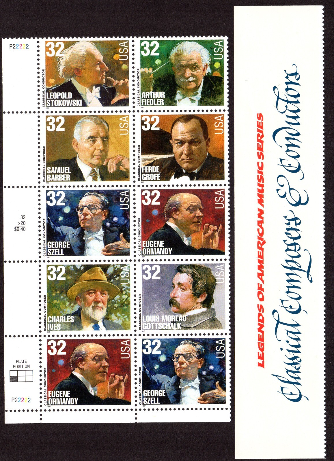 Scott #3165a Classical Composers & Conductors Title Plate Block of 10 Stamps MNH