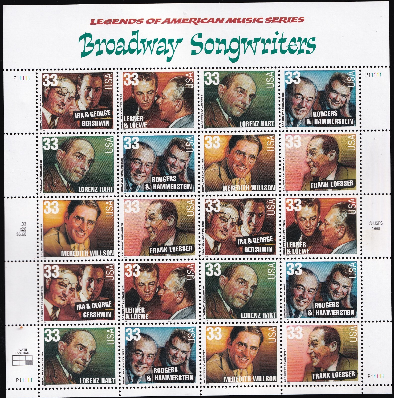 Scott #3350a Broadway Songwriters Sheet of 20 Stamps - MNH