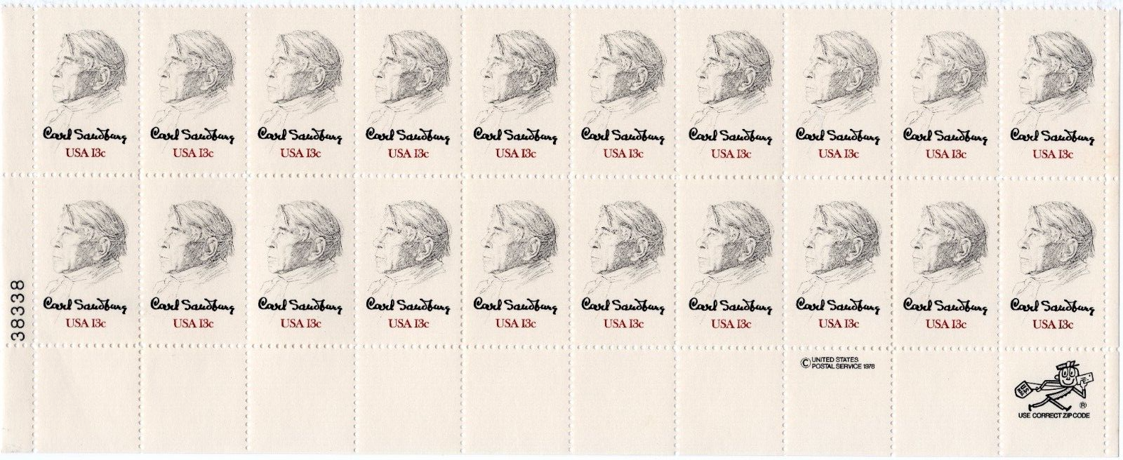 Scott #1731 Carl Sandburg Plate Block Of 20 Stamps - MNH LL