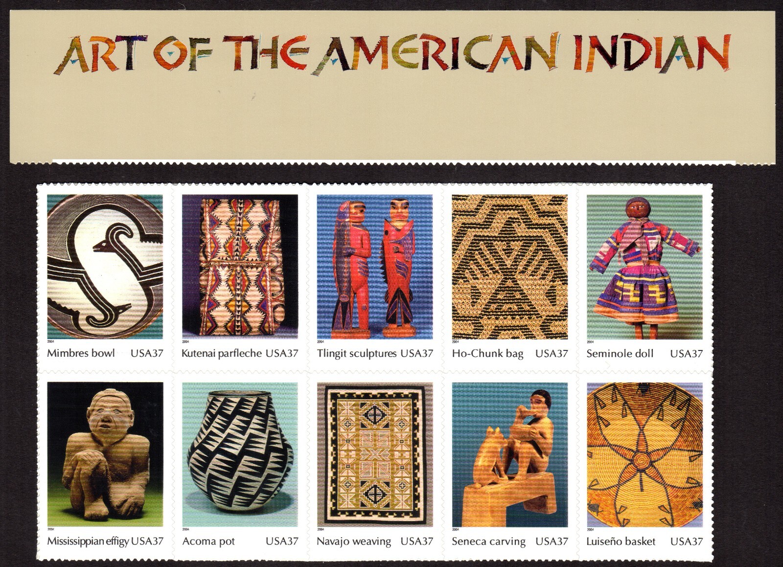 Scott #3873 American Indian Art Block (Sheet) of 10 Stamps w/Title MNH Separated