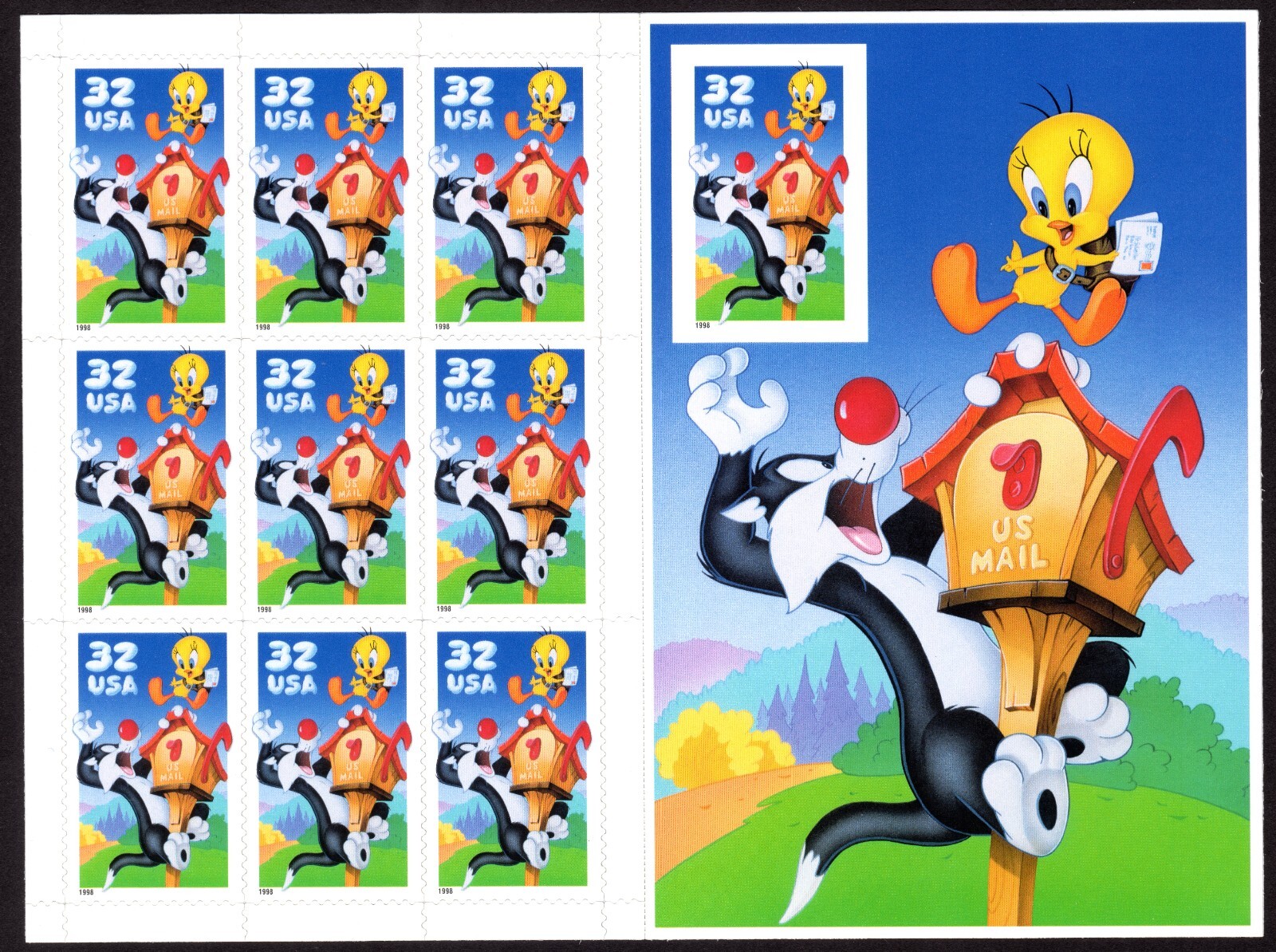 Scott #3205 Sylvester & Tweety Imperf Sheet of 10 Stamps - MNH