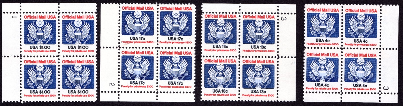 Scott #O128-O129-O130-O132 Official Mail Plate Block of 4 Stamps - MNH