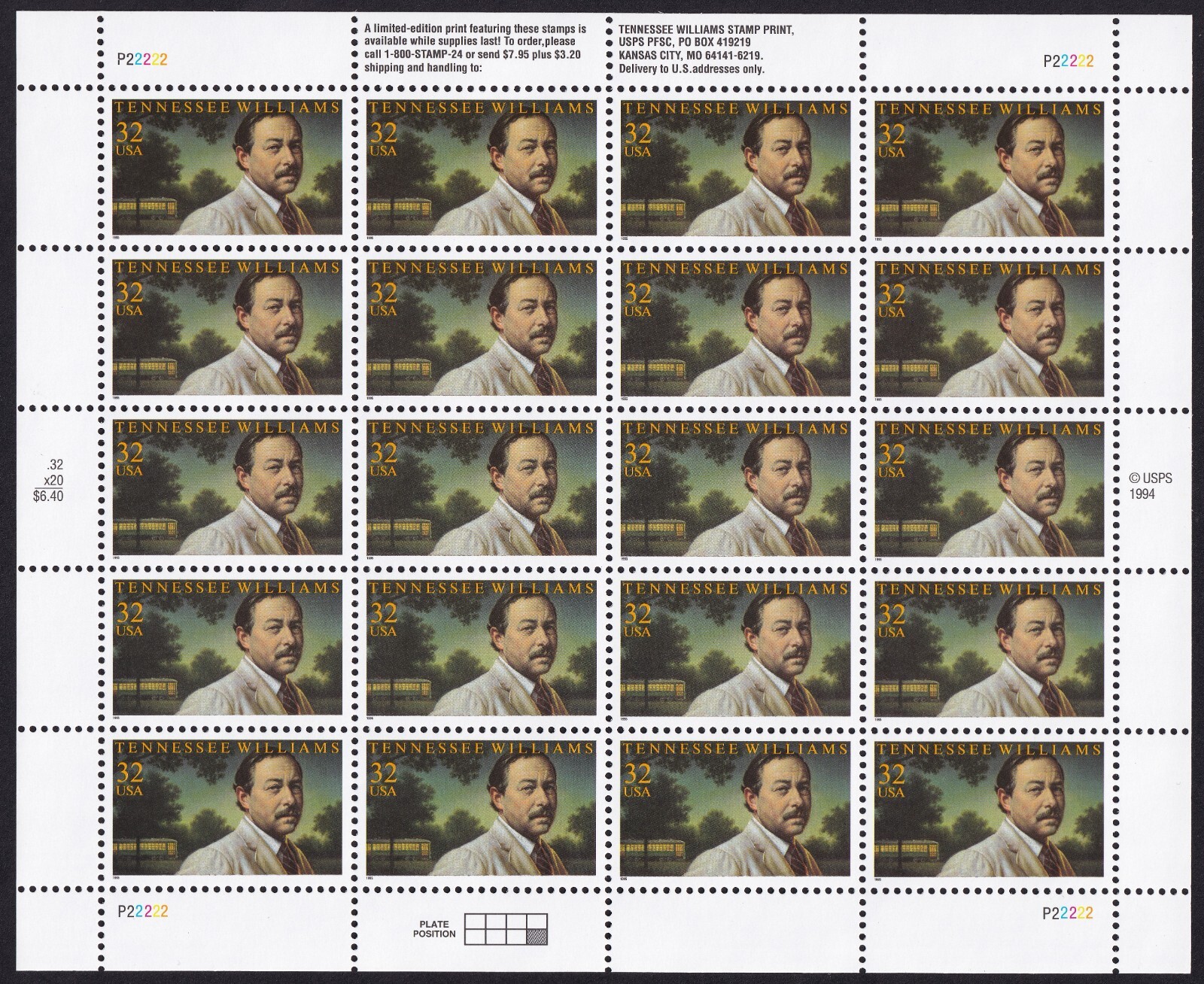 Scott #3002 TENNESSEE WILLIAMS Sheet of 20 32¢ Stamps - MNH