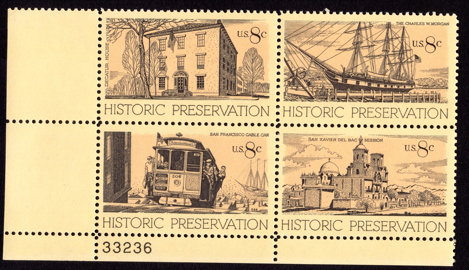 Scott #1443a (1440) Historical Preservation Plate Block of 4 Stamps - MNH LL