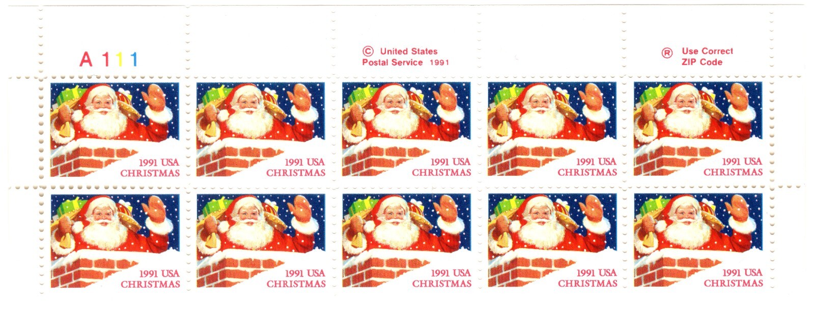 Scott #2579 Christmas Santa in Chimney Plate Block of 10 Stamps - MNH