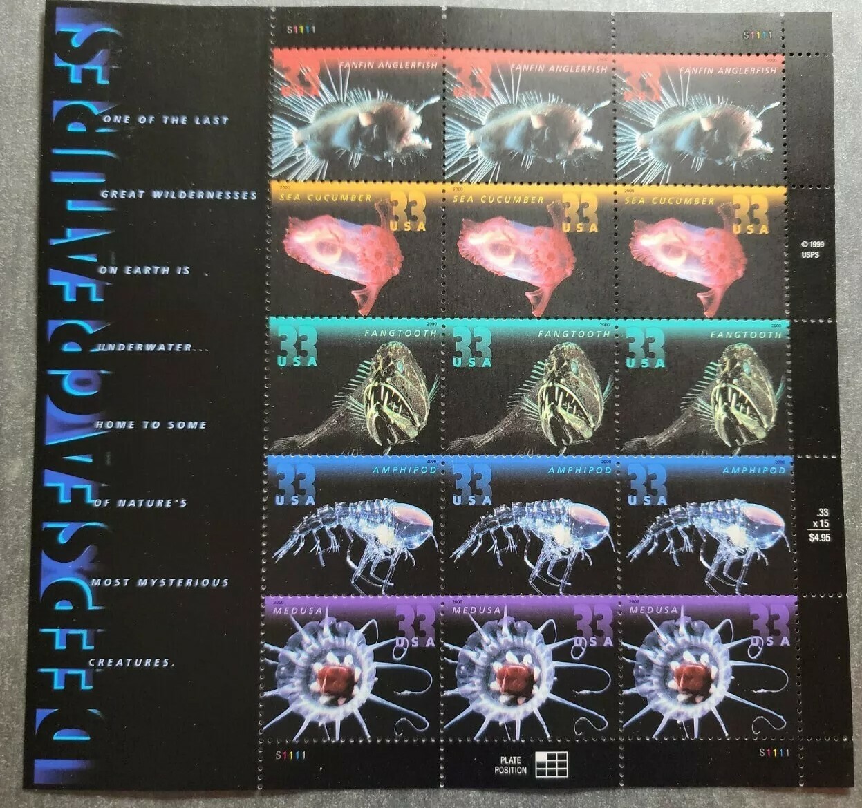 Scott #3443a (3439-3443) Deep Sea Creatures Sheet of 15 Stamps - MNH
