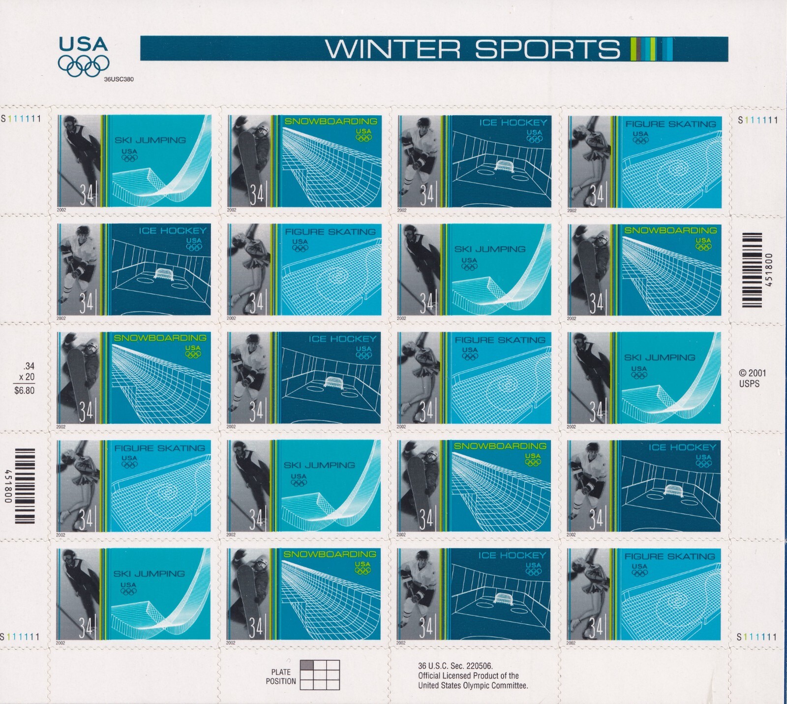 Scott #3555a Winter Sports (Hockey) Sheet of 20 Stamps - MNH