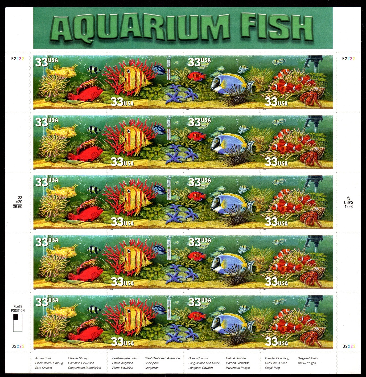 Scott #3320b (3317-3320) Aquarium Fish (Nemo) Sheet of 20 Stamps - MNH P#B2222