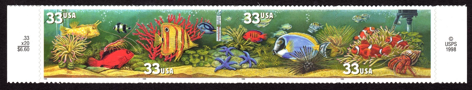 Scott #3320b (3317-20) Aquarium Fish Strip of 4 Stamps MNH w/Price & copy Selvag