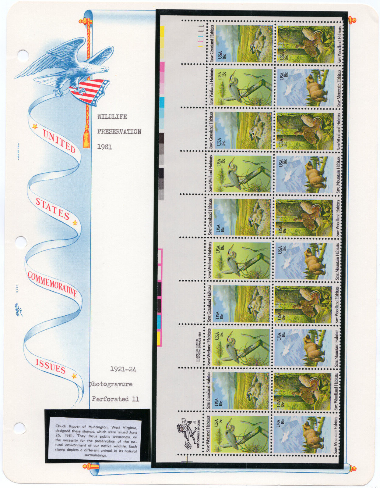 Scott #1924a Wildlife Habitat Plate Block - White Ace Album Page 20 Stamps - MNH
