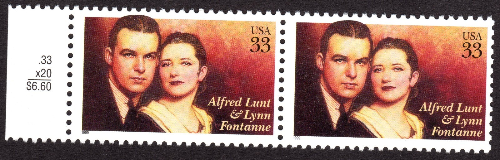 Scott #3287 Alfred Lunt & Lynn Fontanne Single Stamp - MNH w/Price Selvage